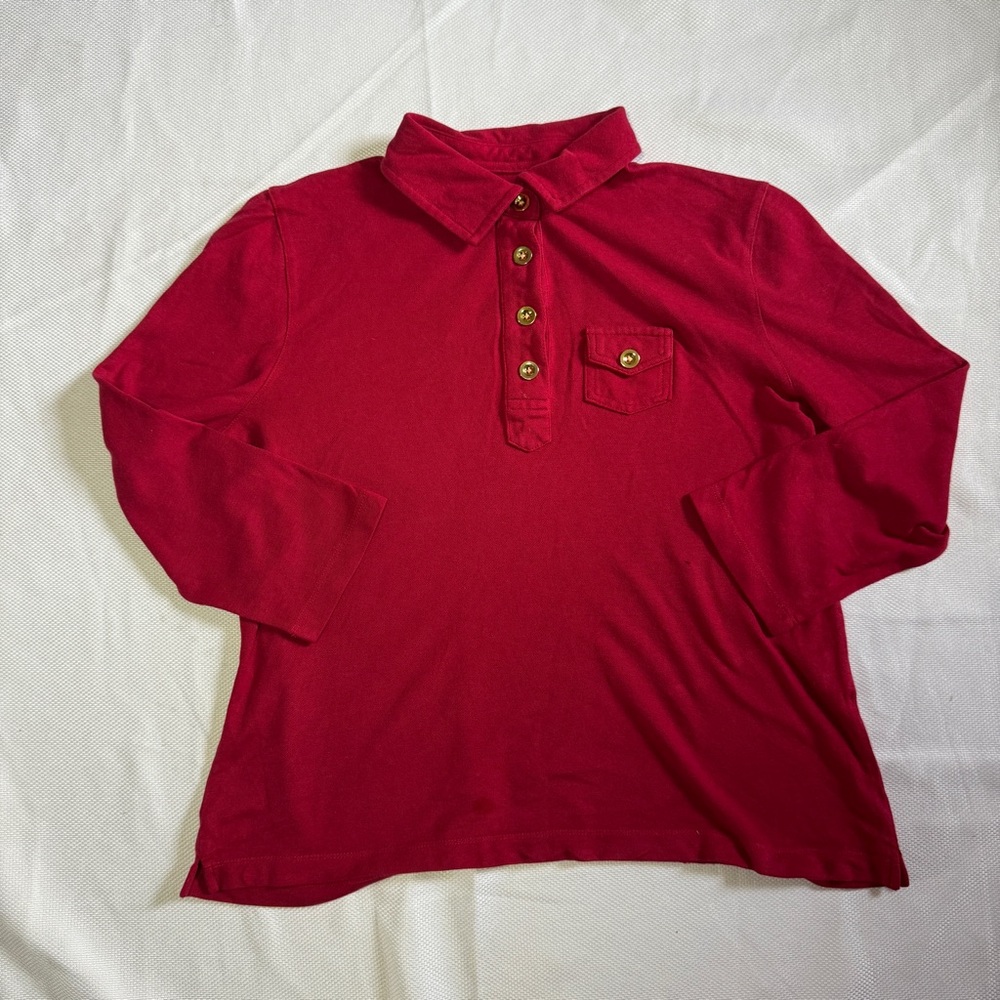 Talbots Women’s Polo Long Sleeve Top – Red Cotton, Button Front, Size M